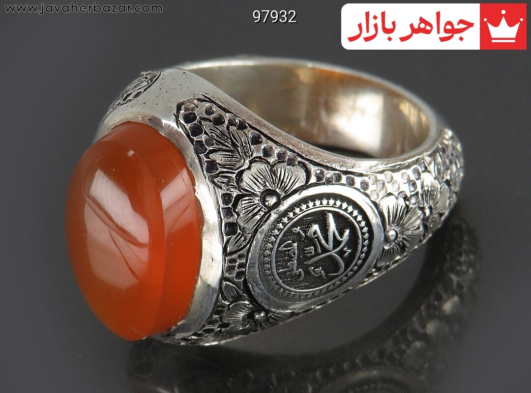 انگشتر نقره عقیق یمنی نارنجی مردانه دست ساز [شرف الشمس و محمد مصطفی]